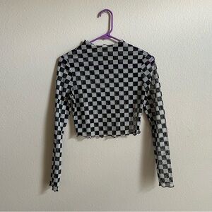 Mesh checkerboard long sleeve crop top
